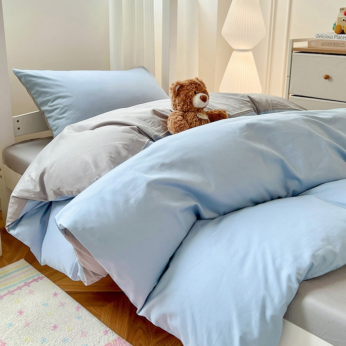 91家纺网 家纺一手货源 找家纺 泽西家纺 2025新款A类加密全棉40支13376简约风宿舍双拼纯色纯棉学生三件套 淡蓝+深灰