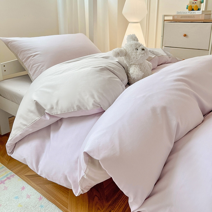 91家纺网 家纺一手货源 找家纺 泽西家纺 2025新款A类加密全棉40支13376简约风宿舍双拼纯色纯棉学生三件套 微微紫+浅米灰