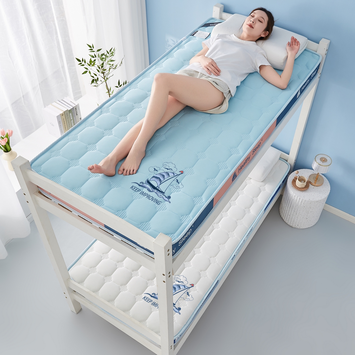 91家纺网 家纺一手货源 找家纺 艺博床垫 2025新款一帆风顺帆船标学生床垫 一帆风顺帆船标蓝色