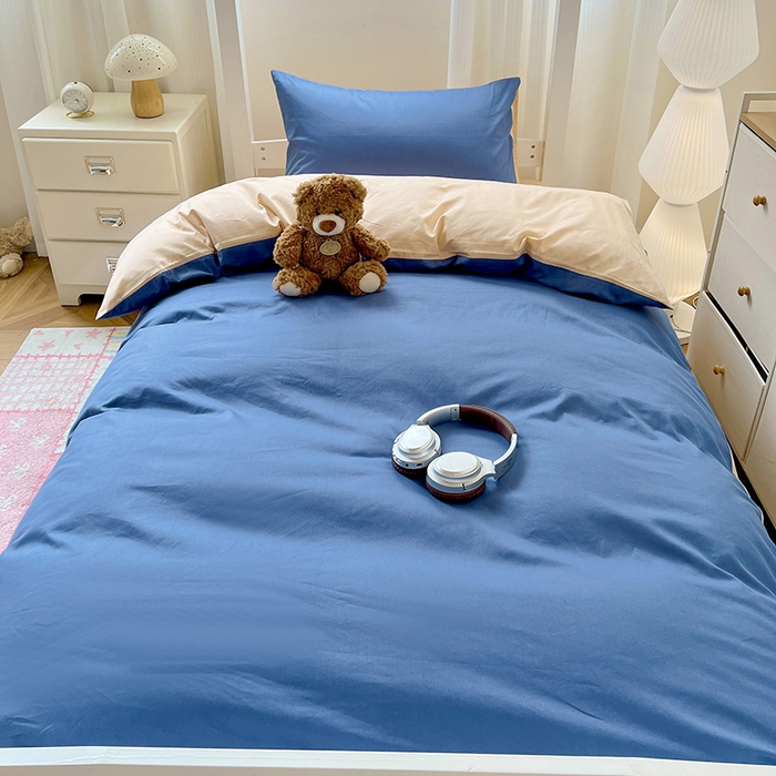 91家纺网 家纺一手货源 找家纺 泽西家纺 2025新款A类加密全棉40支13376简约风宿舍双拼纯色纯棉学生三件套 牛仔蓝+奶茶