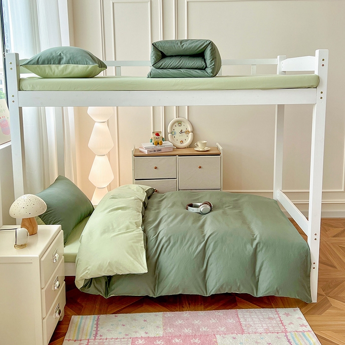 91家纺网 家纺一手货源 找家纺 泽西家纺 2025新款A类加密全棉40支13376简约风宿舍双拼纯色纯棉学生三件套 军绿+橄榄绿