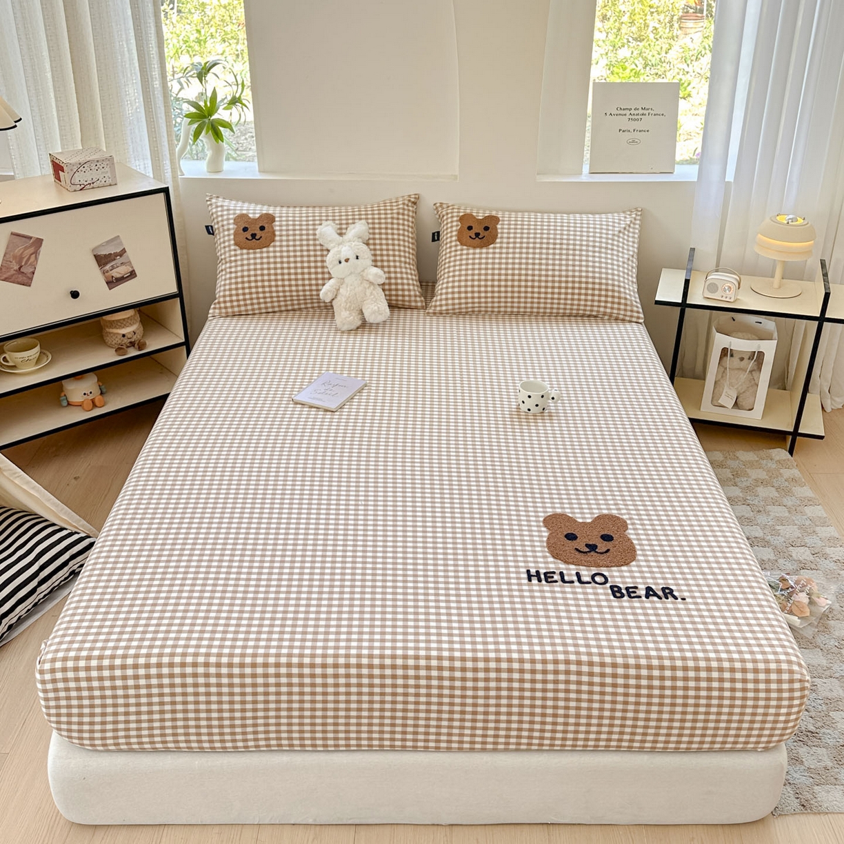 91家纺网 家纺一手货源 找家纺 乐美家纺 2025秋冬新款全棉色织水洗棉床笠三件套系列 小棕熊