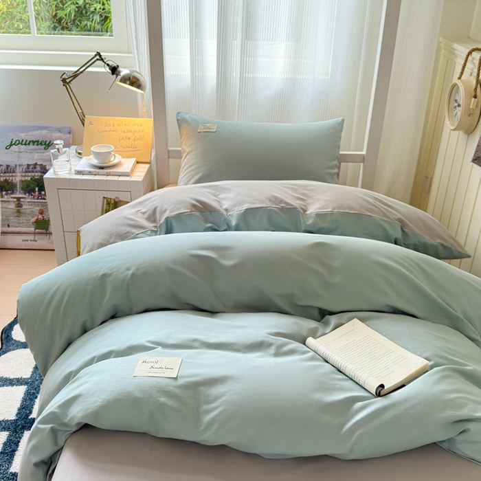 91家纺网 家纺一手货源 找家纺 曼之夏 2025新款全棉拼色纯色宿舍学生三件套 水兰+米灰