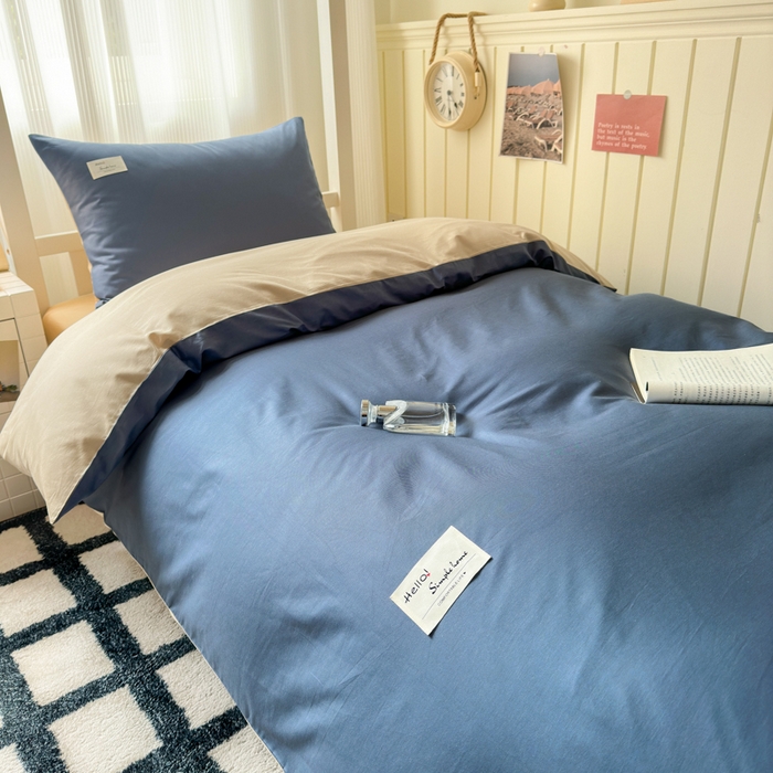 91家纺网 家纺一手货源 找家纺 曼之夏 2025新款全棉拼色纯色宿舍学生三件套 兰灰+浅驼