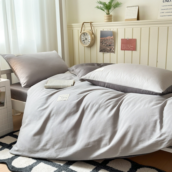 91家纺网 家纺一手货源 找家纺 曼之夏 2025新款全棉拼色纯色宿舍学生三件套 米灰+高级灰