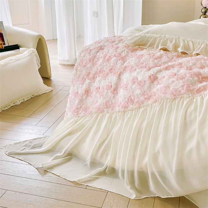 91家纺网 家纺一手货源 找家纺 庭笙 2025新款高定款法式蕾丝边四件套幽香玫瑰 幽香玫瑰-奶白