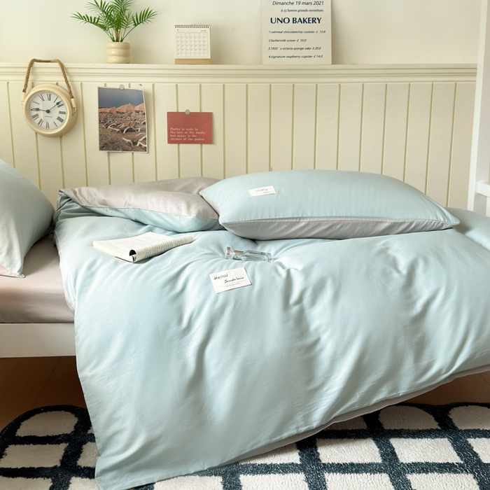 91家纺网 家纺一手货源 找家纺 曼之夏 2025新款全棉拼色纯色宿舍学生三件套 水兰+米灰