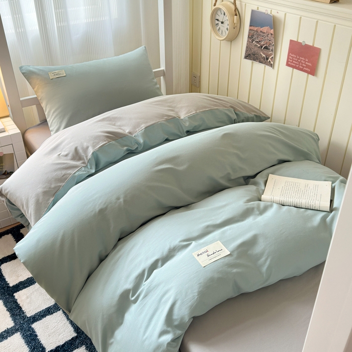 91家纺网 家纺一手货源 找家纺 曼之夏 2025新款全棉拼色纯色宿舍学生三件套 水兰+米灰