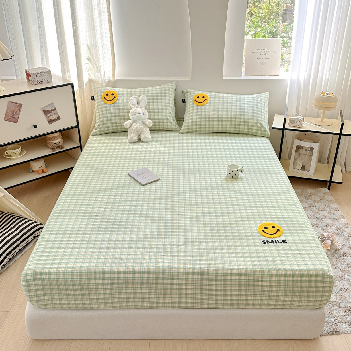 91家纺网 家纺一手货源 找家纺 乐美家纺 2025秋冬新款全棉色织水洗棉床笠三件套系列 微笑