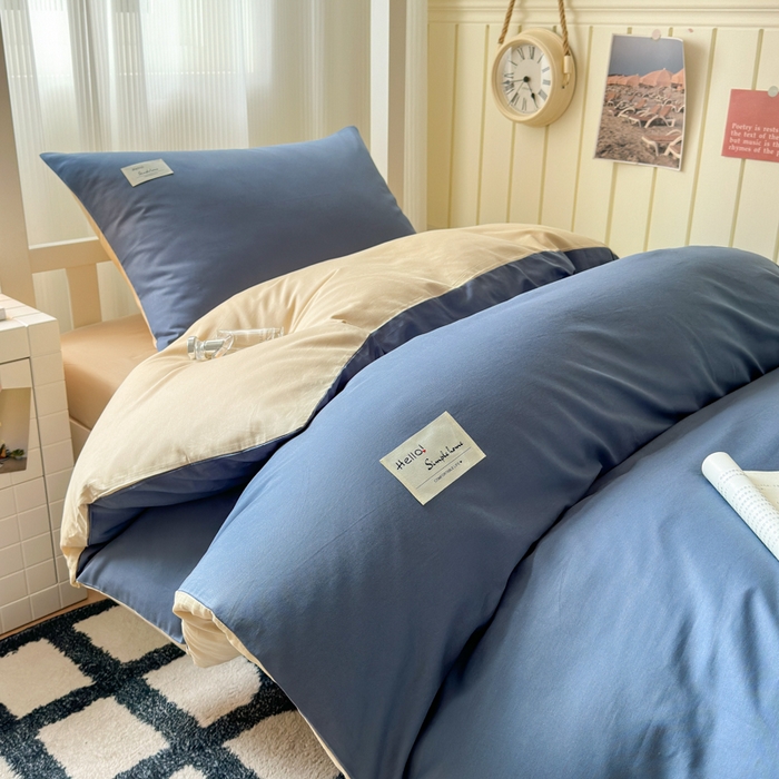 91家纺网 家纺一手货源 找家纺 曼之夏 2025新款全棉拼色纯色宿舍学生三件套 兰灰+浅驼