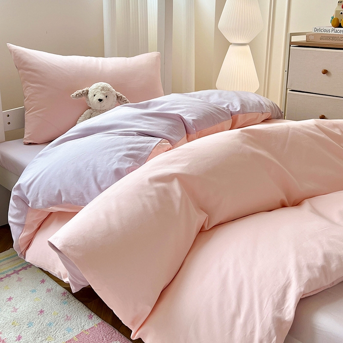 91家纺网 家纺一手货源 找家纺 泽西家纺 2025新款A类加密全棉40支13376简约风宿舍双拼纯色纯棉学生三件套 樱花粉+紫