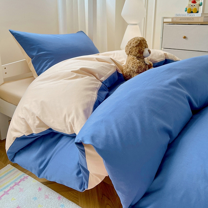 91家纺网 家纺一手货源 找家纺 泽西家纺 2025新款A类加密全棉40支13376简约风宿舍双拼纯色纯棉学生三件套 牛仔蓝+奶茶