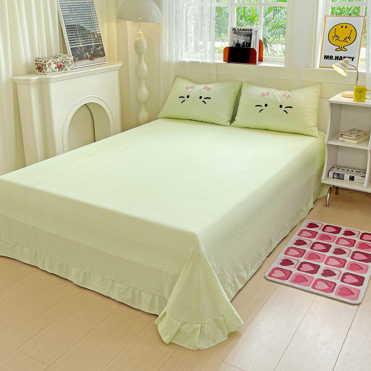 91家纺网 家纺一手货源 找家纺 富米莱（原臻工厂） 2025新款云朵棉水洗棉毛巾绣拼角工艺四件套 快乐猫咪-绿格