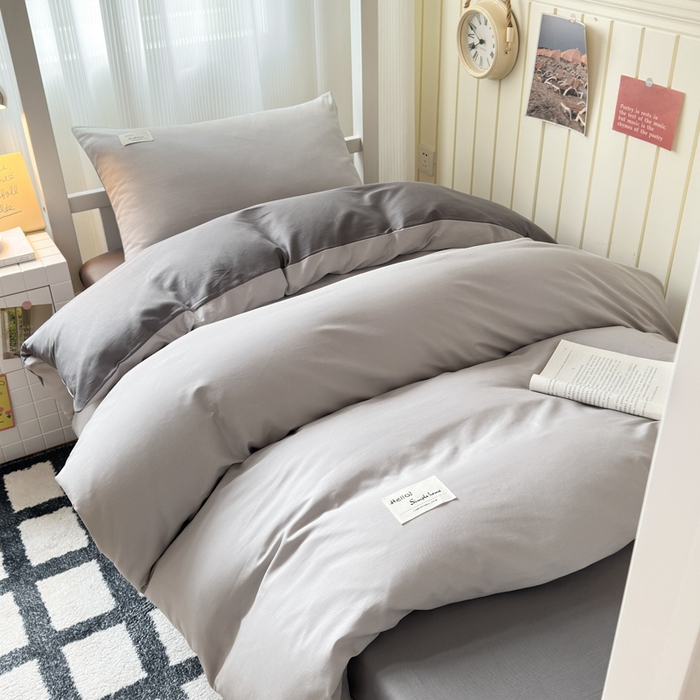 91家纺网 家纺一手货源 找家纺 曼之夏 2025新款全棉拼色纯色宿舍学生三件套 米灰+高级灰