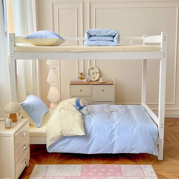 91家纺网 家纺一手货源 找家纺 泽西家纺 2025新款A类加密全棉40支13376简约风宿舍双拼纯色纯棉学生三件套 晴空蓝+米黄