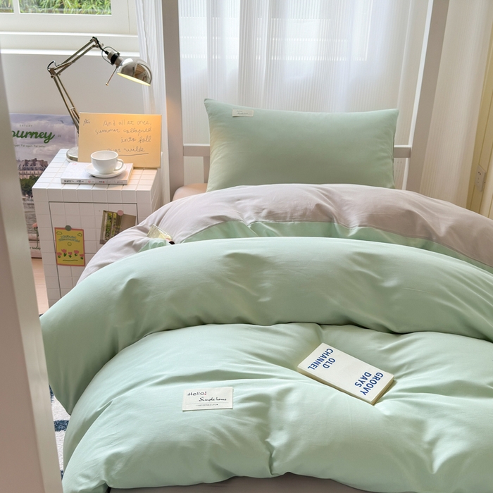 91家纺网 家纺一手货源 找家纺 曼之夏 2025新款全棉拼色纯色宿舍学生三件套 浅绿+米灰