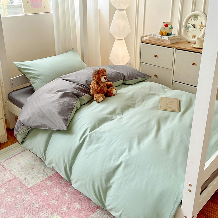 91家纺网 家纺一手货源 找家纺 泽西家纺 2025新款A类加密全棉40支13376简约风宿舍双拼纯色纯棉学生三件套 豆绿+高级灰