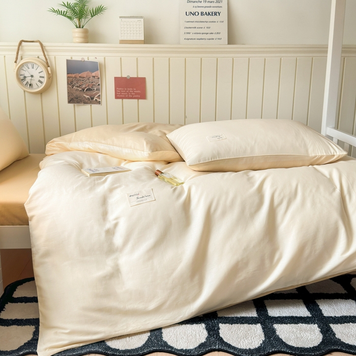 91家纺网 家纺一手货源 找家纺 曼之夏 2025新款全棉拼色纯色宿舍学生三件套 米白+浅驼