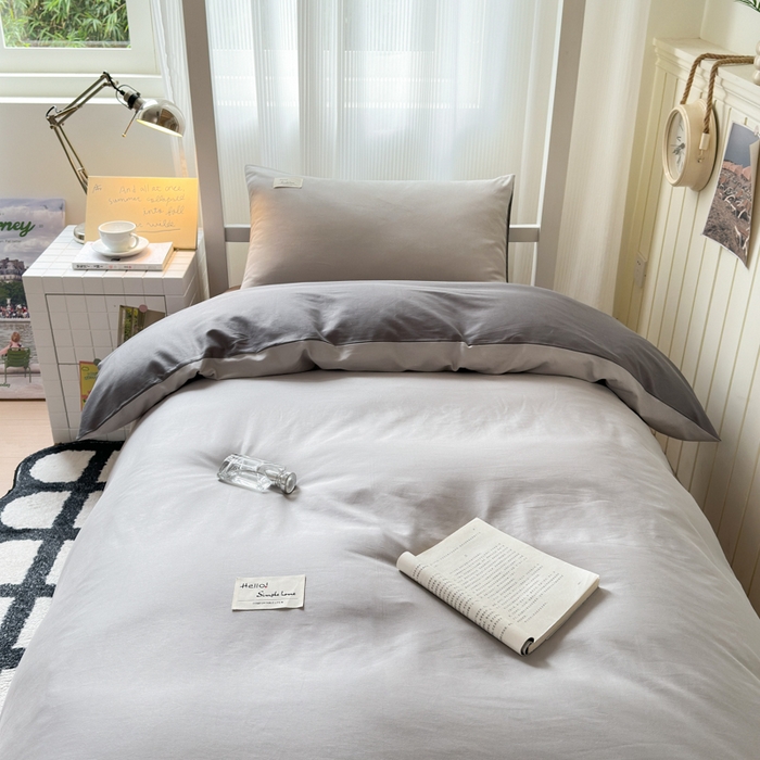 91家纺网 家纺一手货源 找家纺 曼之夏 2025新款全棉拼色纯色宿舍学生三件套 米灰+高级灰