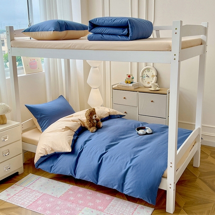 泽西家纺 2025新款A类加密全棉40支13376简约风宿舍双拼纯色纯棉学生三件套 牛仔蓝+奶茶