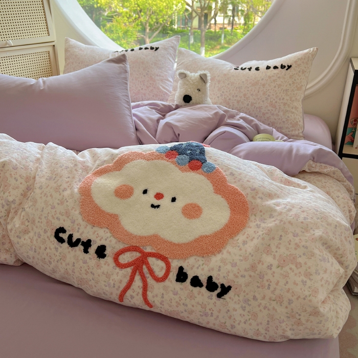 91家纺网 家纺一手货源 找家纺 百寐 2025新款亲肤柔软水洗棉卡通可爱学生季宿舍床三四件套非全棉毛巾绣 碎花云朵