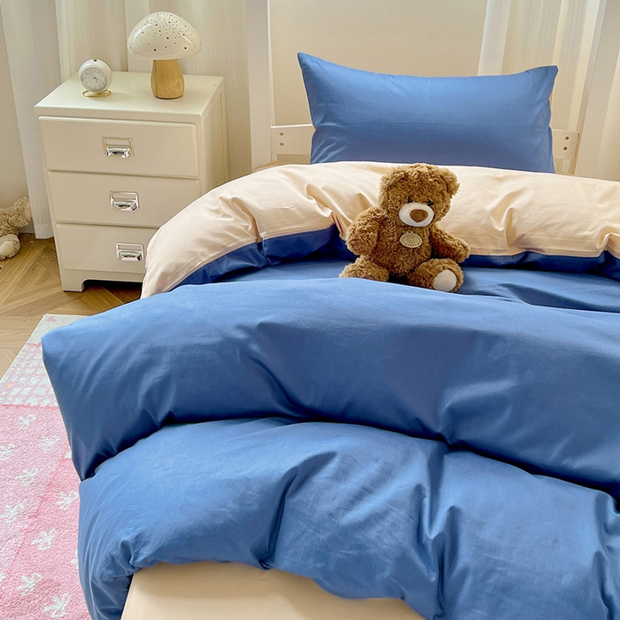 91家纺网 家纺一手货源 找家纺 泽西家纺 2025新款A类加密全棉40支13376简约风宿舍双拼纯色纯棉学生三件套 牛仔蓝+奶茶