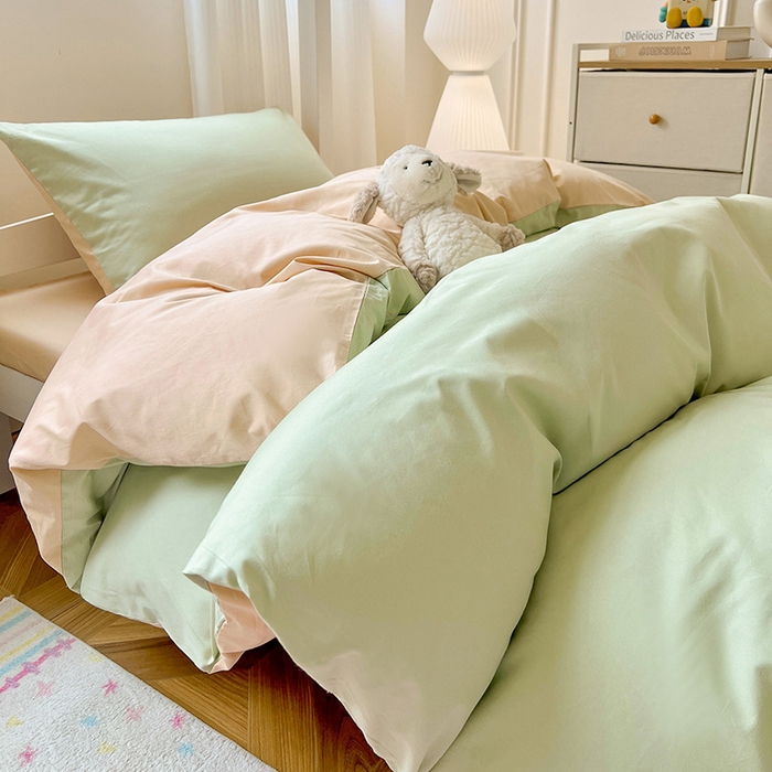 91家纺网 家纺一手货源 找家纺 泽西家纺 2025新款A类加密全棉40支13376简约风宿舍双拼纯色纯棉学生三件套 橄榄绿+奶茶