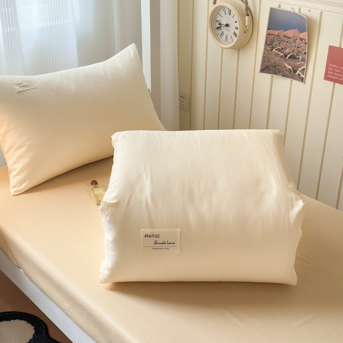 91家纺网 家纺一手货源 找家纺 曼之夏 2025新款全棉拼色纯色宿舍学生三件套 米白+浅驼