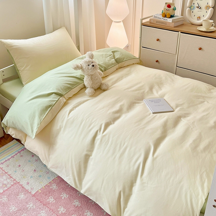 91家纺网 家纺一手货源 找家纺 泽西家纺 2025新款A类加密全棉40支13376简约风宿舍双拼纯色纯棉学生三件套 米黄+橄榄绿