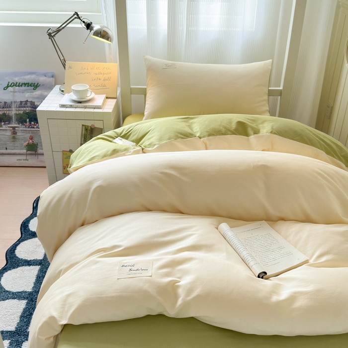 91家纺网 家纺一手货源 找家纺 曼之夏 2025新款全棉拼色纯色宿舍学生三件套 米白+草绿