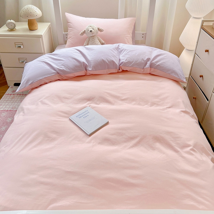 91家纺网 家纺一手货源 找家纺 泽西家纺 2025新款A类加密全棉40支13376简约风宿舍双拼纯色纯棉学生三件套 樱花粉+紫