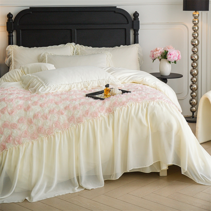 91家纺网 家纺一手货源 找家纺 庭笙 2025新款高定款法式蕾丝边四件套幽香玫瑰 幽香玫瑰-奶白