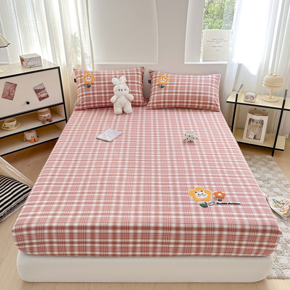 91家纺网 家纺一手货源 找家纺 乐美家纺 2025秋冬新款全棉色织水洗棉床笠三件套系列 兔兔花