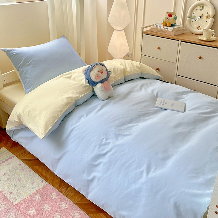 91家纺网 家纺一手货源 找家纺 泽西家纺 2025新款A类加密全棉40支13376简约风宿舍双拼纯色纯棉学生三件套 晴空蓝+米黄