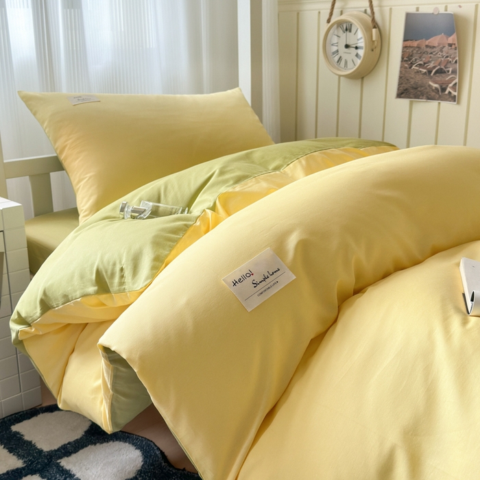 91家纺网 家纺一手货源 找家纺 曼之夏 2025新款全棉拼色纯色宿舍学生三件套 杏黄+草绿