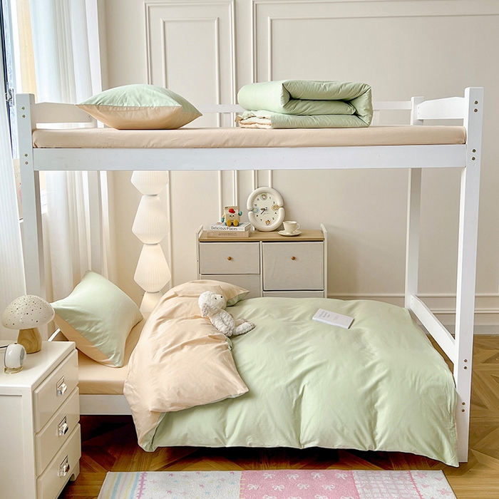 91家纺网 家纺一手货源 找家纺 泽西家纺 2025新款A类加密全棉40支13376简约风宿舍双拼纯色纯棉学生三件套 橄榄绿+奶茶