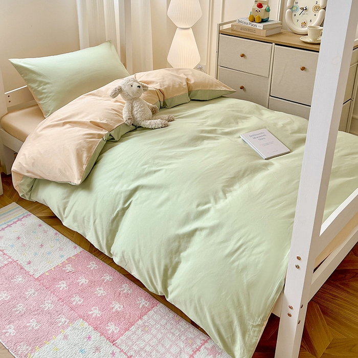 91家纺网 家纺一手货源 找家纺 泽西家纺 2025新款A类加密全棉40支13376简约风宿舍双拼纯色纯棉学生三件套 橄榄绿+奶茶