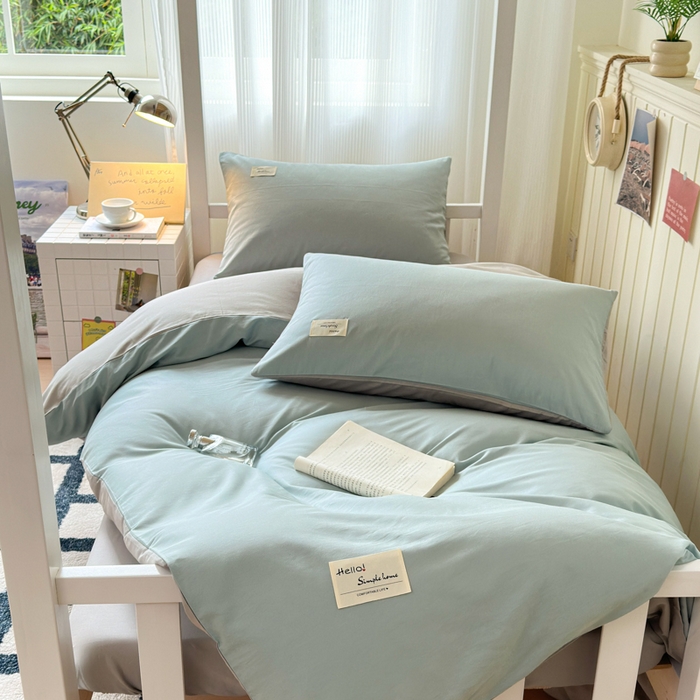 91家纺网 家纺一手货源 找家纺 曼之夏 2025新款全棉拼色纯色宿舍学生三件套 水兰+米灰