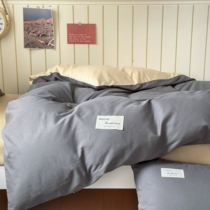 91家纺网 家纺一手货源 找家纺 曼之夏 2025新款全棉拼色纯色宿舍学生三件套 高级灰+浅驼