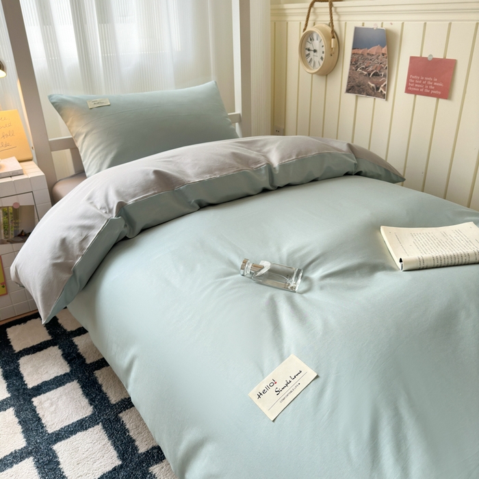 91家纺网 家纺一手货源 找家纺 曼之夏 2025新款全棉拼色纯色宿舍学生三件套 水兰+米灰