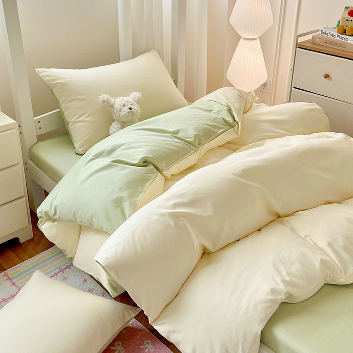 91家纺网 家纺一手货源 找家纺 泽西家纺 2025新款A类加密全棉40支13376简约风宿舍双拼纯色纯棉学生三件套 米黄+橄榄绿