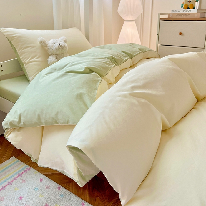 91家纺网 家纺一手货源 找家纺 泽西家纺 2025新款A类加密全棉40支13376简约风宿舍双拼纯色纯棉学生三件套 米黄+橄榄绿