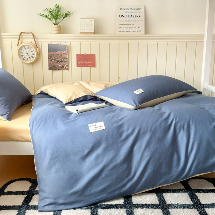 91家纺网 家纺一手货源 找家纺 曼之夏 2025新款全棉拼色纯色宿舍学生三件套 兰灰+浅驼