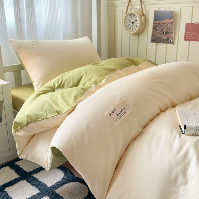 91家纺网 家纺一手货源 找家纺 曼之夏 2025新款全棉拼色纯色宿舍学生三件套 米白+草绿