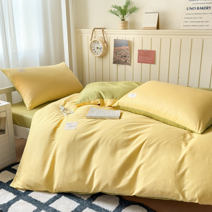 91家纺网 家纺一手货源 找家纺 曼之夏 2025新款全棉拼色纯色宿舍学生三件套 杏黄+草绿