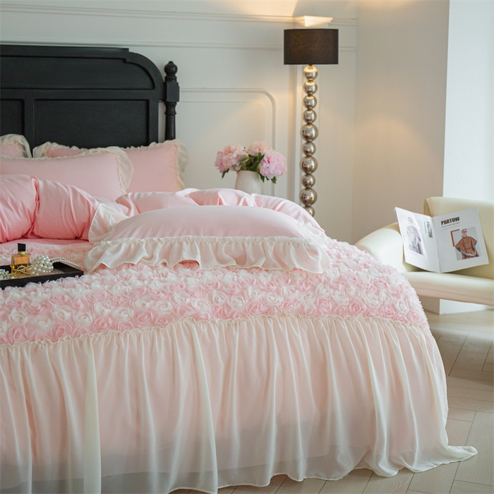 91家纺网 家纺一手货源 找家纺 庭笙 2025新款高定款法式蕾丝边四件套幽香玫瑰 幽香玫瑰-浅粉