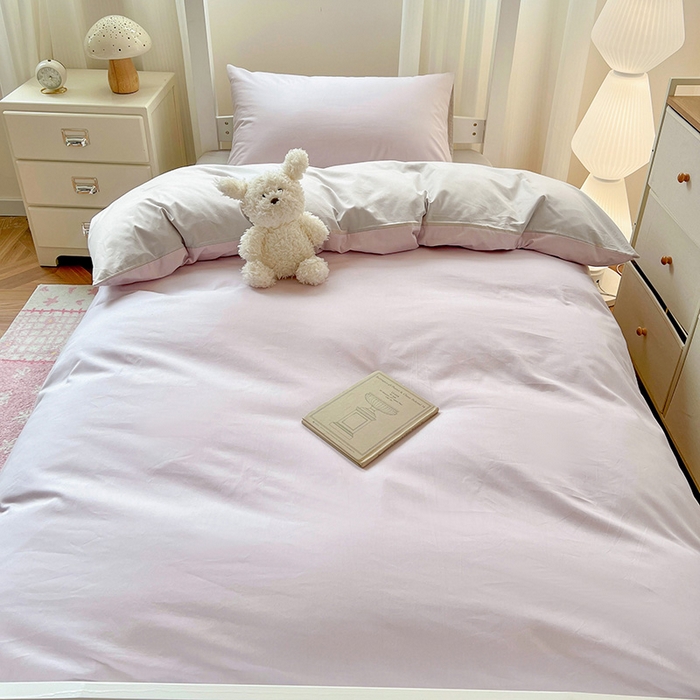 91家纺网 家纺一手货源 找家纺 泽西家纺 2025新款A类加密全棉40支13376简约风宿舍双拼纯色纯棉学生三件套 微微紫+浅米灰