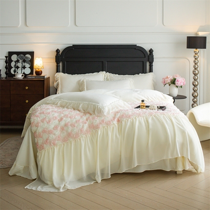 91家纺网 家纺一手货源 找家纺 庭笙 2025新款高定款法式蕾丝边四件套幽香玫瑰 幽香玫瑰-奶白