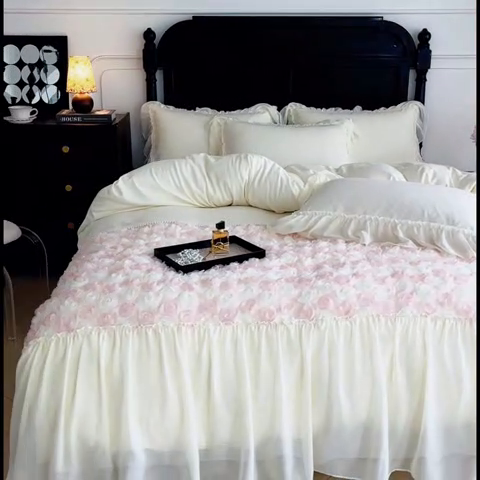 91家纺网 家纺一手货源 找家纺 庭笙 2025新款高定款法式蕾丝边四件套幽香玫瑰 幽香玫瑰-奶白