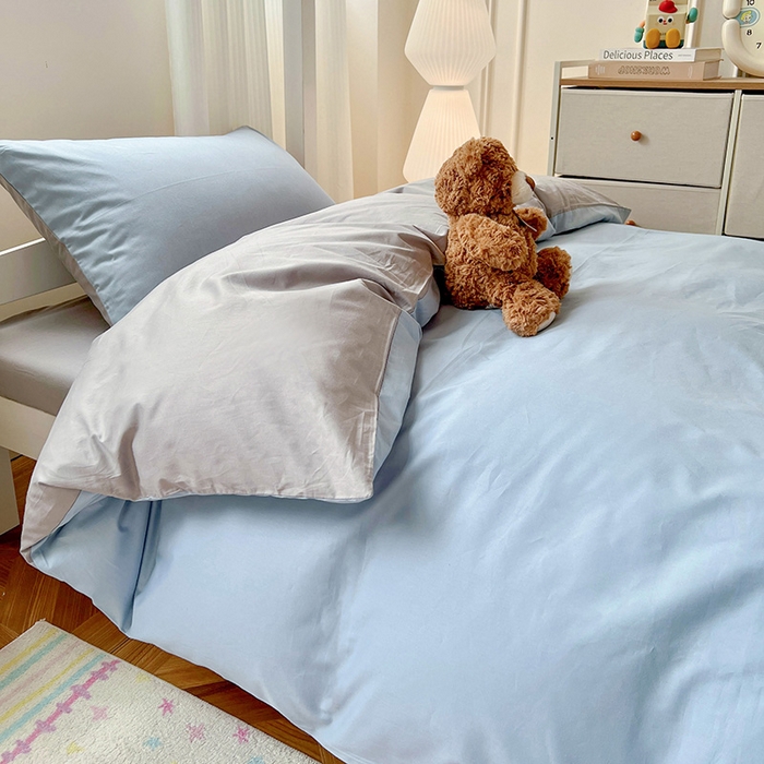 91家纺网 家纺一手货源 找家纺 泽西家纺 2025新款A类加密全棉40支13376简约风宿舍双拼纯色纯棉学生三件套 淡蓝+深灰